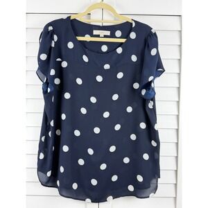 Loft Blouse Women XL Navy Blue White Polka Dot Flutter Sleeve Chiffon Top